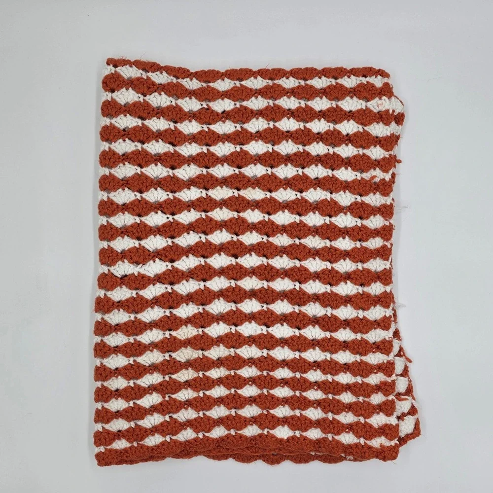 Handmade Crochet Shell Stitch Throw Blanket Burnt Orange White Striped 38x28